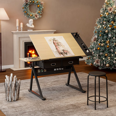 Adjustable Drafting Desk With Stool And 2 Drawers For Home Office