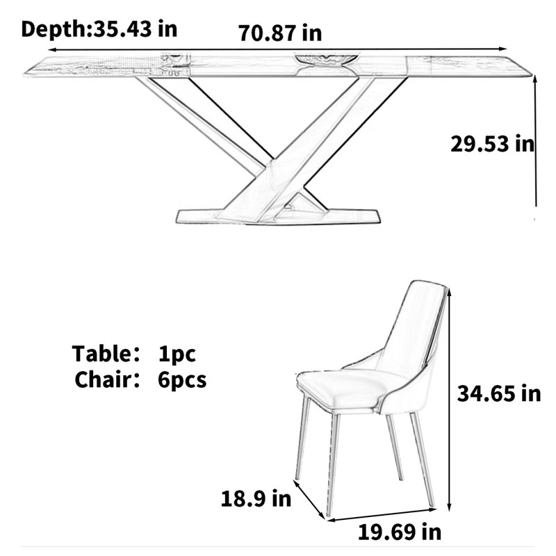 Minimalist Italian rectangular dining table, 29.53"H x 70.87"L x 35.43"W