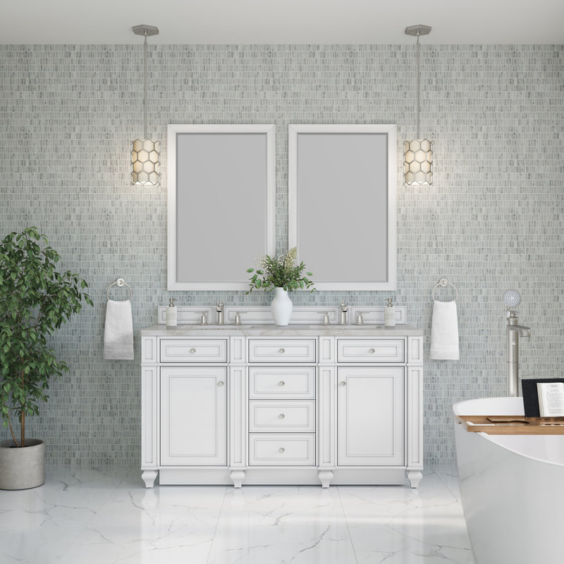 Bristol 60 in. Double Vanity, Bright White, Victorian Silver, 8" Widespread