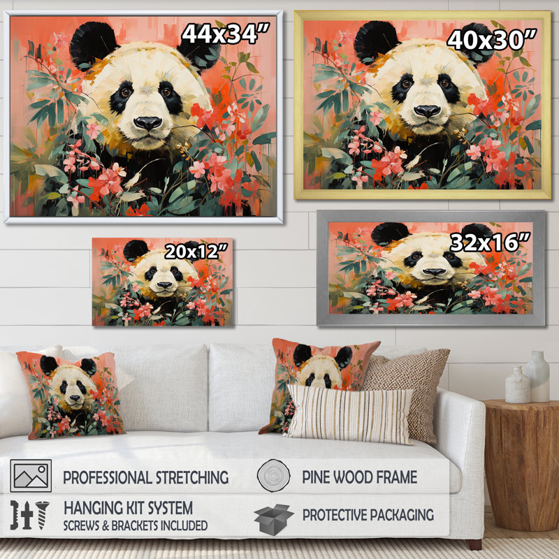 Panda blanc et rose en fleurs IV - art mural animal panda, Cadre d'angle fermé noir, H 12 po x l 20 po x P 1 po