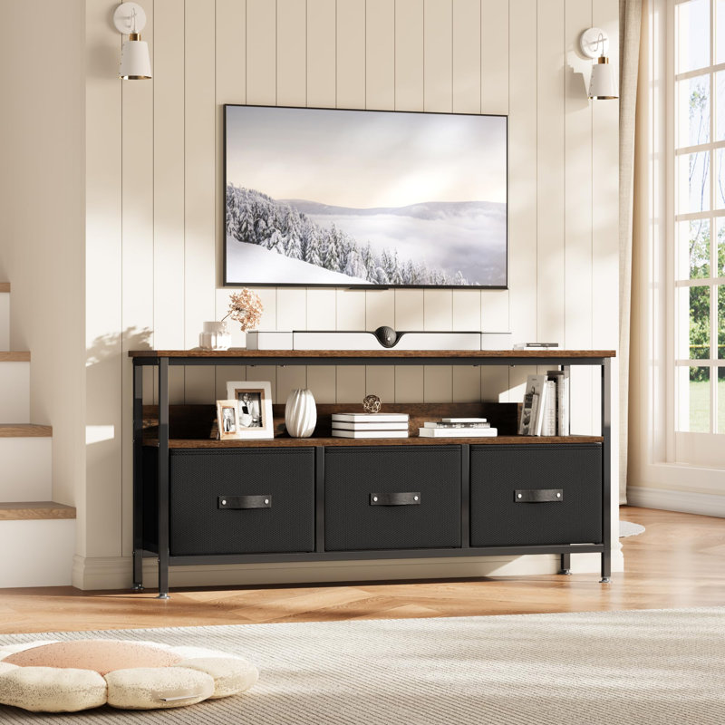 47.2" Dresser TV Stand for 55 Inch TV, Entertainment Center with Storage, Drawers & Open Shelves, Brown Top & Black Drawers