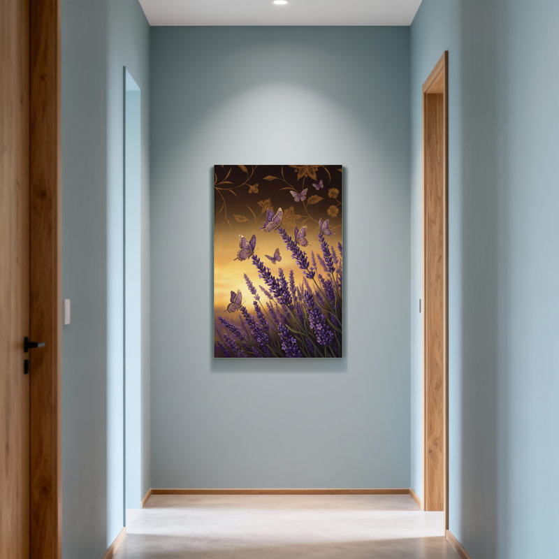 Plantes et fleurs sur fond de coucher de soleil sur fond de papillons lavande, H 40 po x l 28 po