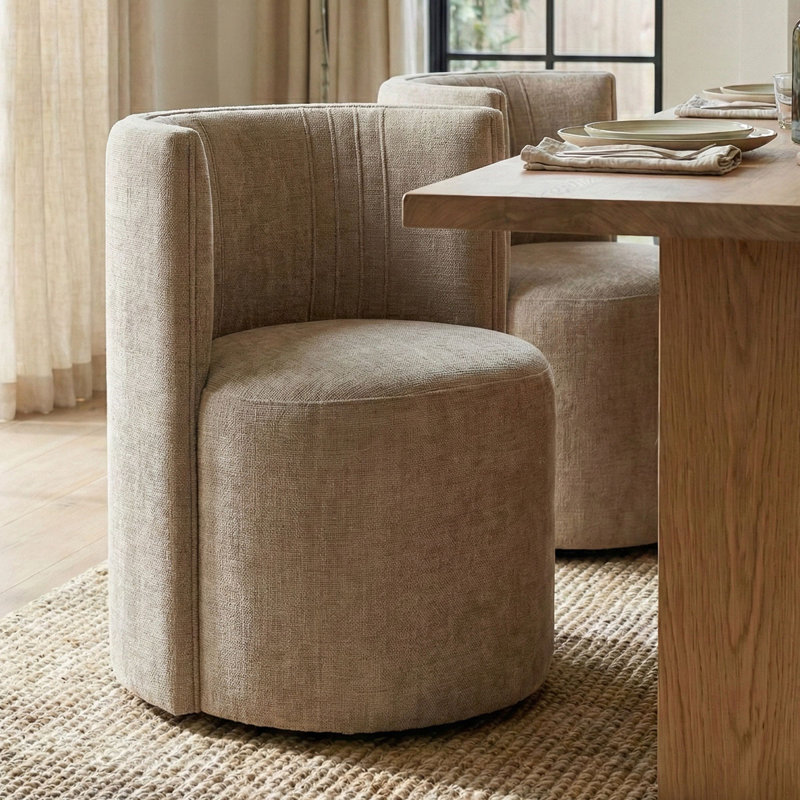 Upholstered Barrel Back Dining Chairs with Hidden Casters, Khaki