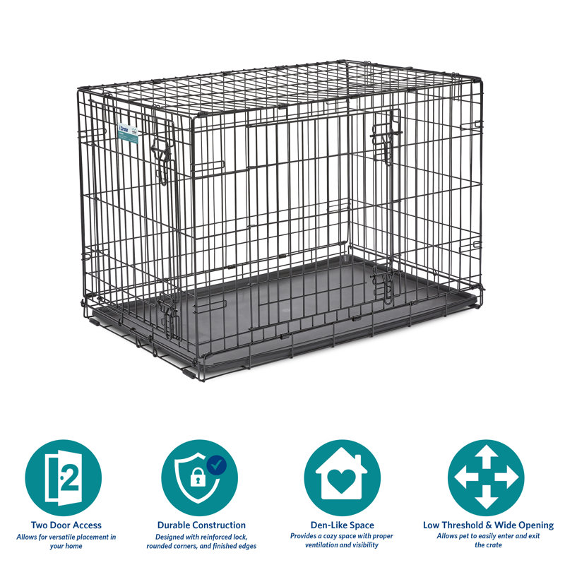 Black Double Door Folding Metal Dog Crate, 36"