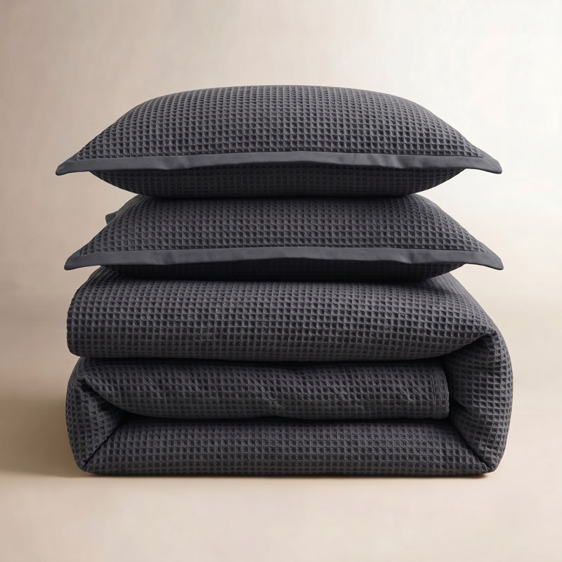 Housse de couette à carreaux gaufrée 100% coton, Housse de couette pour grand lit et 2 taies décor, Gris anthracite