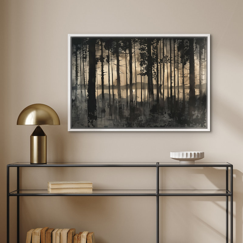 «Moody Black Forest Silhouette Lake View Wall Decor», reproduction d'art sur toile encadrée dans la chambre principale, Blanc