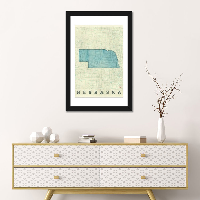 « nebraska map », impression sur toile, Papier d'art encadré noir, H 32 po x l 24 po x P 1 po, Blanc