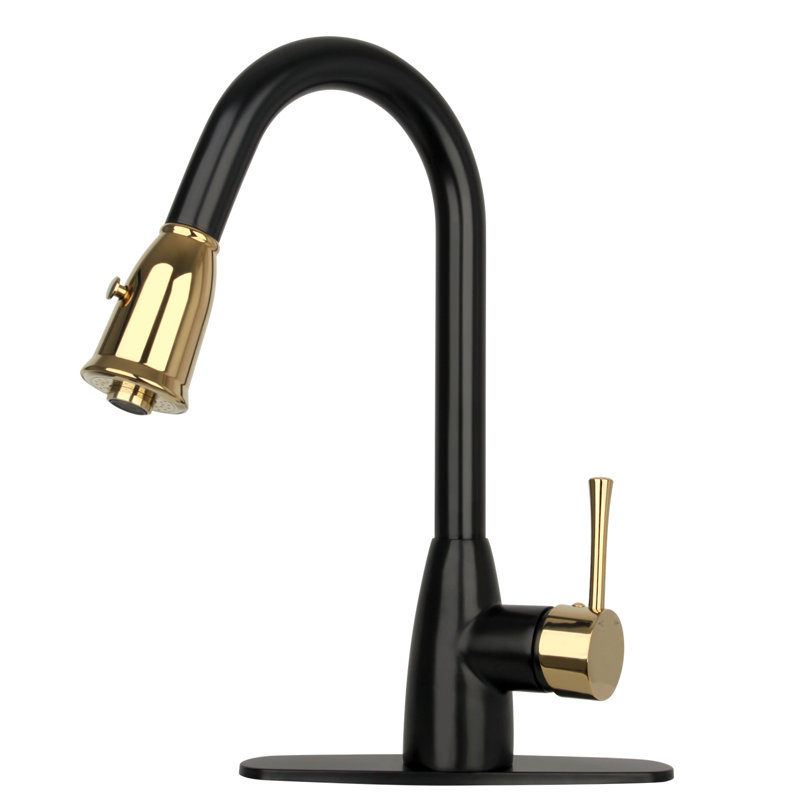 Pull Down Kitchen Faucet with Single Handle and Deck Plate, Black/Gold