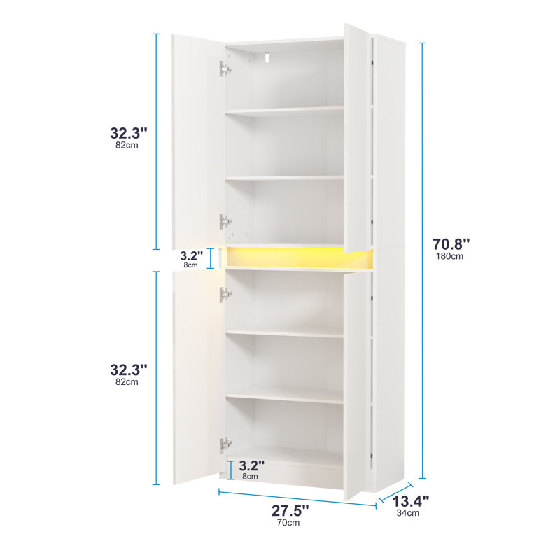 Armoire de rangement de 71 po de hauteur, garde-manger avec portes ultrabrillantes, armoire à buffet moderne avec éclairage à DEL et tablettes réglables pour la salle à manger, le salon, blanc