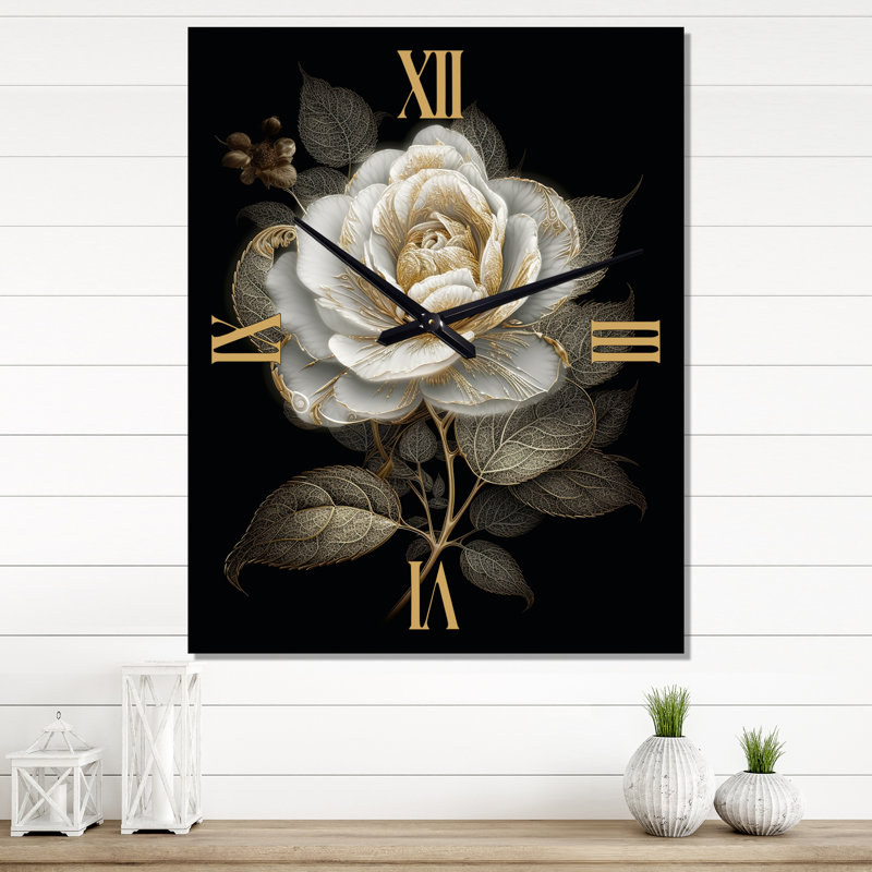 Retro White Rose Portrait On Black II - Rose Très horloges murales, Médium