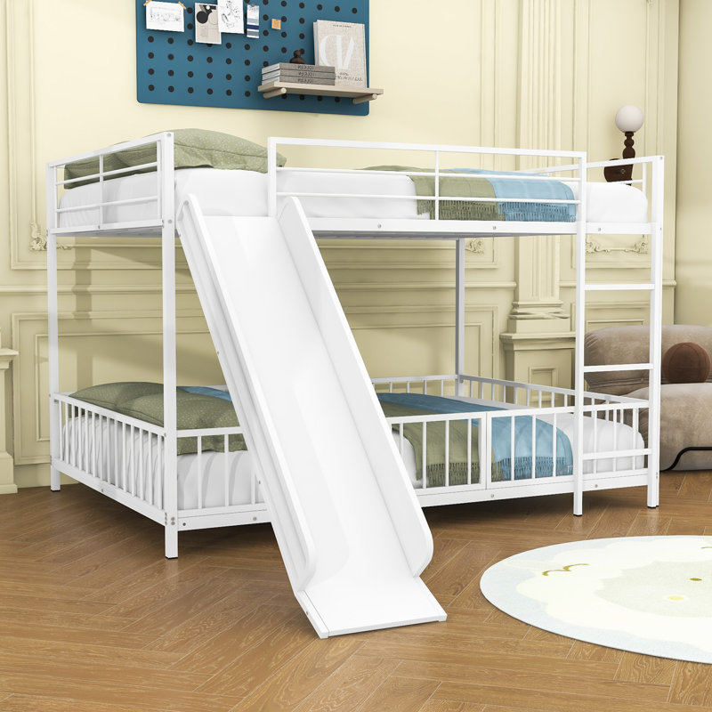 Full Over Full Metal Bunk Bed With Slide, Ladder And Safety Guardrails, White