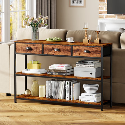 Console avec structure en métal, 3 tiroirs en tissu et 2 tablettes ouvertes, table d'entrée pour le salon et le couloir