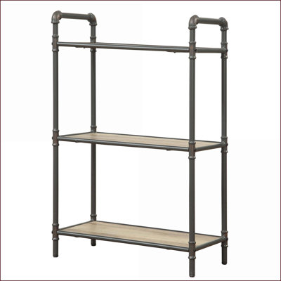 Bibliothèque, 3 niveaux industriel, chêne antique et amp; Gris clair | Bois et métal | Industriel