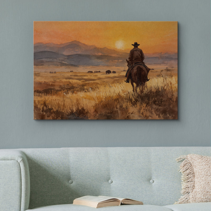 Western Cowboy Sunset Canvas Print Wall Art - Rustic Prairie Landscape Decor for Cabin or Living Room, Wrapped Canvas