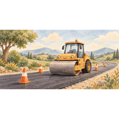 Road Roller Wallpaper Mural, Peel and Stick Kids Room Wall Mural, Watercolor Construction Truck Nursery Wallpaper