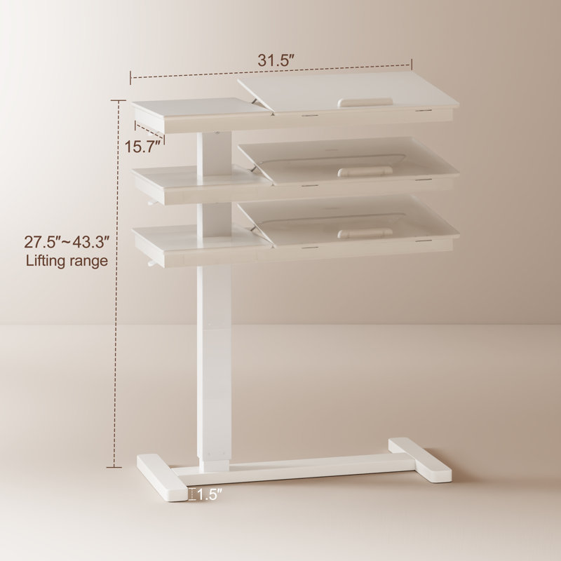 Solid Wood Adjustable Side Table with Tilting Top & Hidden Casters - Multi-Function Laptop Desk for Bed & Sofa, White