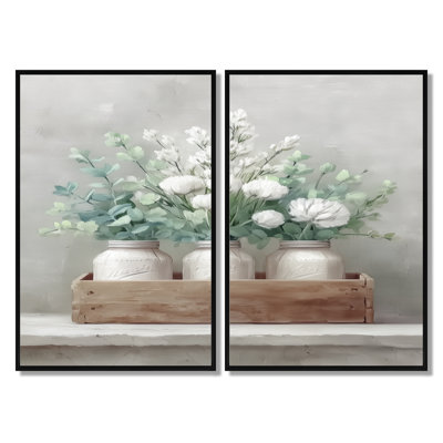 Rustic Farmhouse Peonies - Farm Wall Art Decor, White Farmhouse Canvas Print 2 Piece