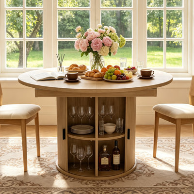 43.3"-59" Extendable Round Dining Table For 4-6, Modern Farmhouse Oval Kitchen Dining Table With Hidden Leaf & 8-Compartment Storage Base