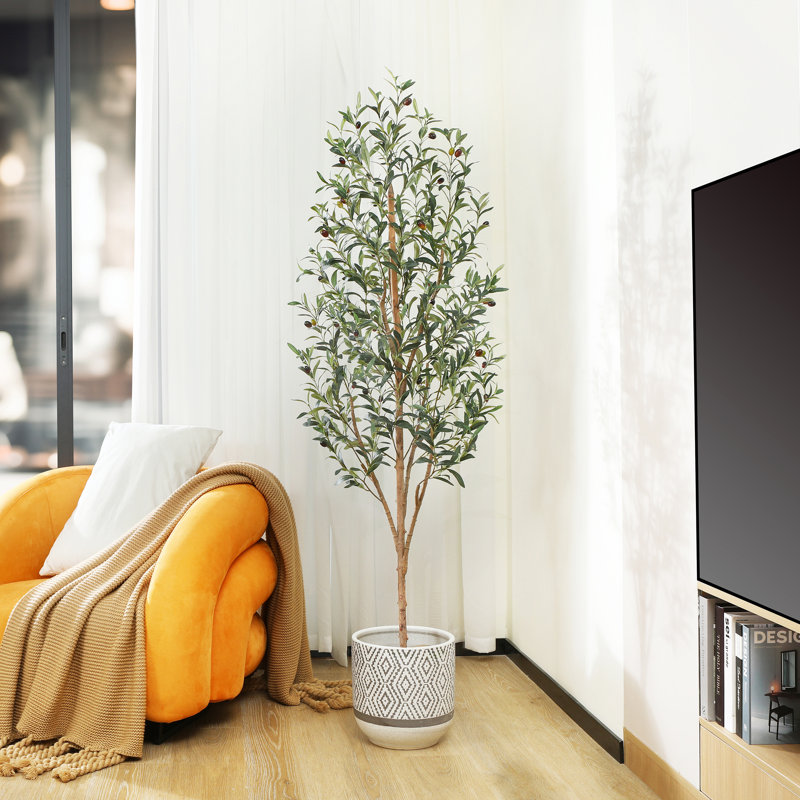 Adcock Artificial Olive Tree in Pot with Realistic Leave and Natural Trunk, 70" H x 18" W x 18" D