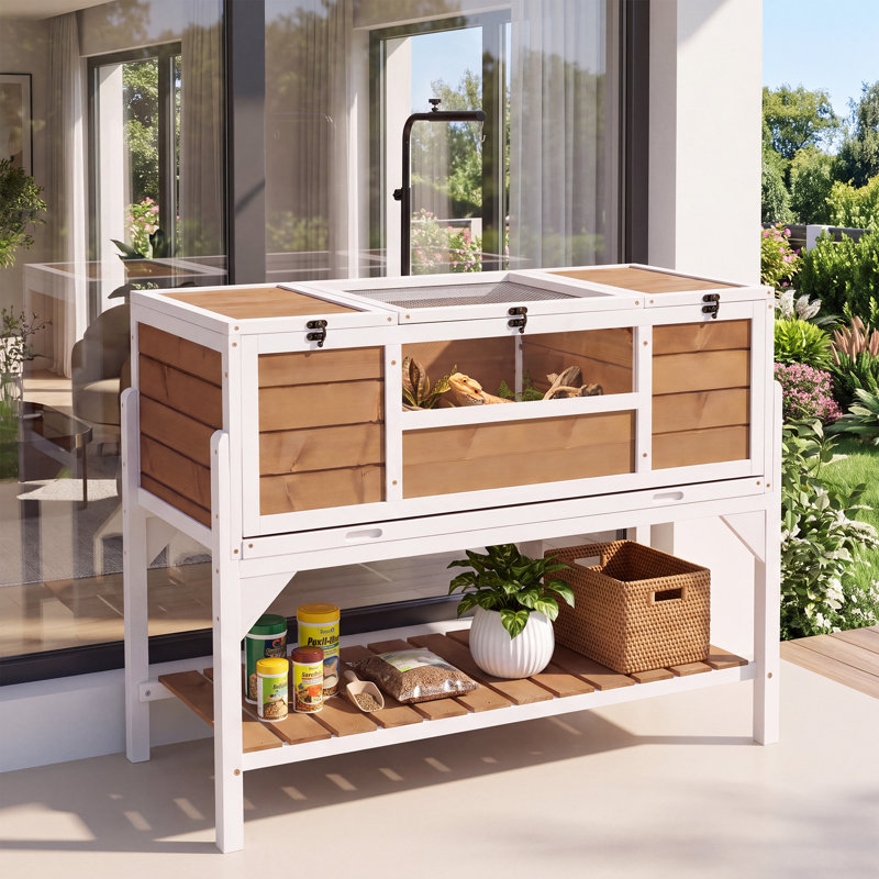 Habitat en bois pour tortue de 13,5 cm (5,3 po) avec 3 zones et 2 cachettes, blanc