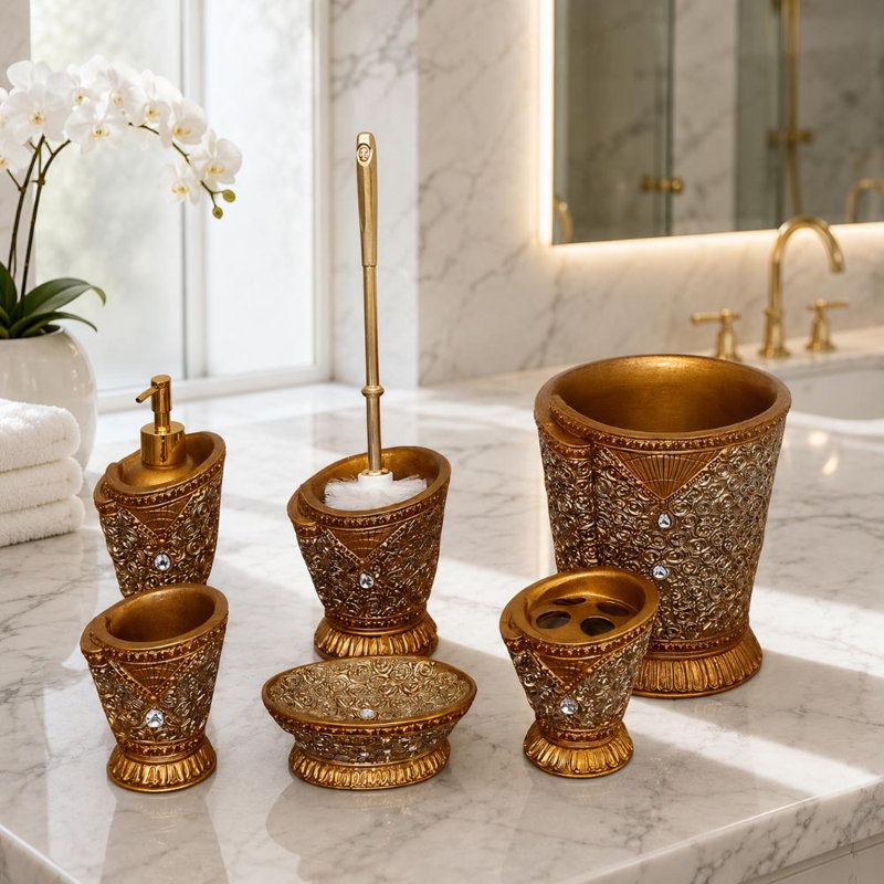 Ensemble d'accessoires de salle de bain embossé or 6 pièces avec distributeur de savon, gobelet et corbeille à papier