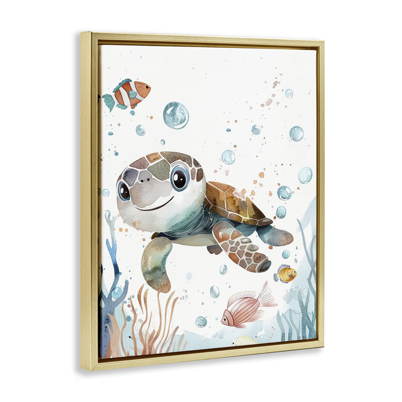  «Sourire bébé tortue», art mural encadré par Franklyn Gregory, H 21 po x l 17 po, Cadre flottant métallique doré