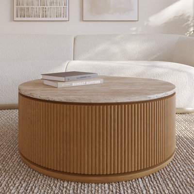 Aster 36" Coffee Table In Reeded Birch with Travertine Top