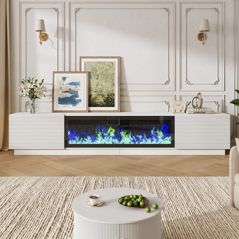 94.5" W TV Stand with Fireplace, Entertainment Center for TV up to 100", White, White Wood