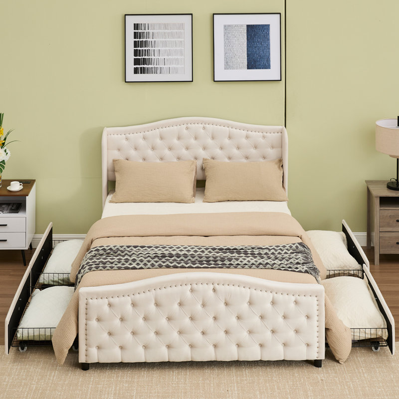 Kassaia Tufted Upholstered Storage Bed with Drawers, Queen, Beige