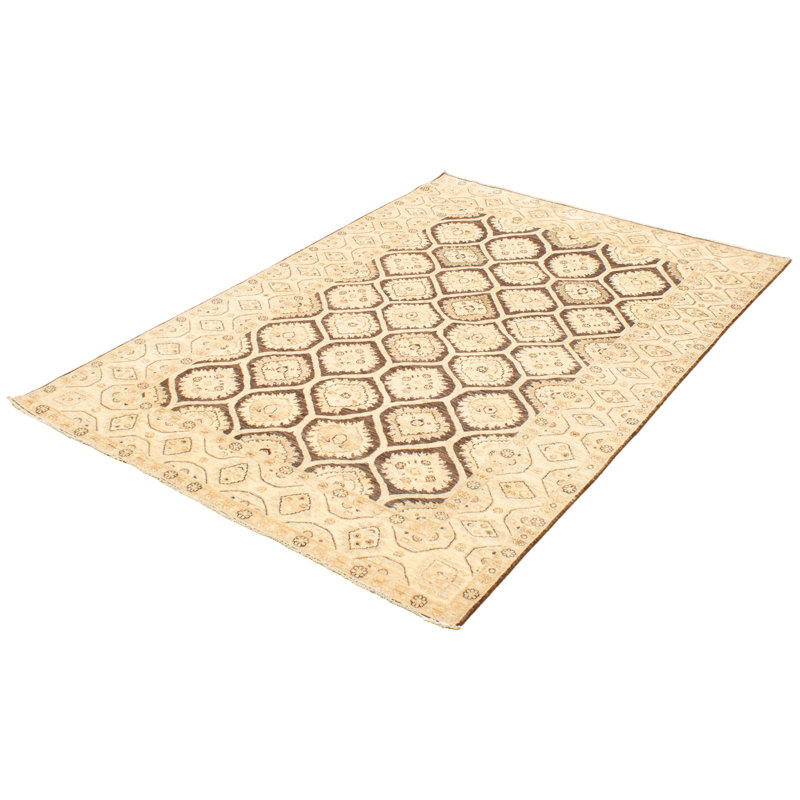 Tapis décoratif Ivoire en laine noué à la main de conception unique 6 pi 7 po x 9 pi 7 po Dencil