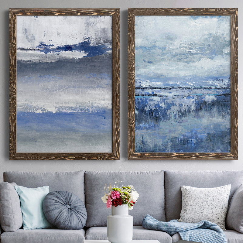 «Soft Solace Indigo», peinture sur toile 2 pièces, Cadre noyer, H 24 po x l 36 po x P 1,5 po