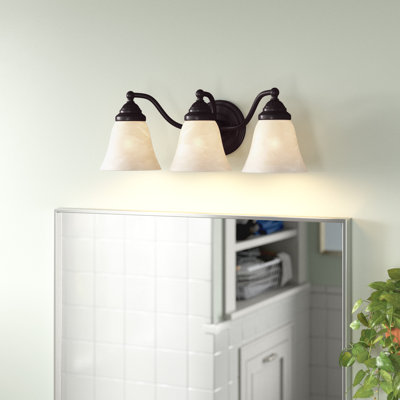 Luminaire de salle de bain traditionnel en bronze bruni huilé à 3 lumières de 19 po de largeur Moyer, abat-jour en verre albâtre blanc, à intensité variable, compatible avec DEL, applique murale au-dessus du miroir