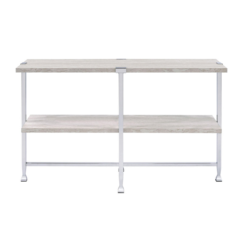 Table de canapé demi-lune avec support de traverse, chêne blanc et chrome