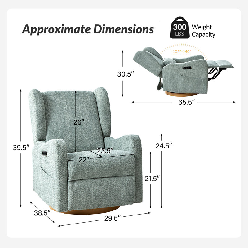 Fauteuil inclinable électrique oscillant l 29,5 po Ceandra avec veilleuse, Sauge