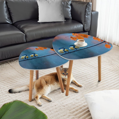 Triangle Nesting Coffee Table Set of 2 couple cute birds Tits Park sitting branch among bright autumn foliage End Table Modern Minimalist Side Table Set for Living Room Bedroom