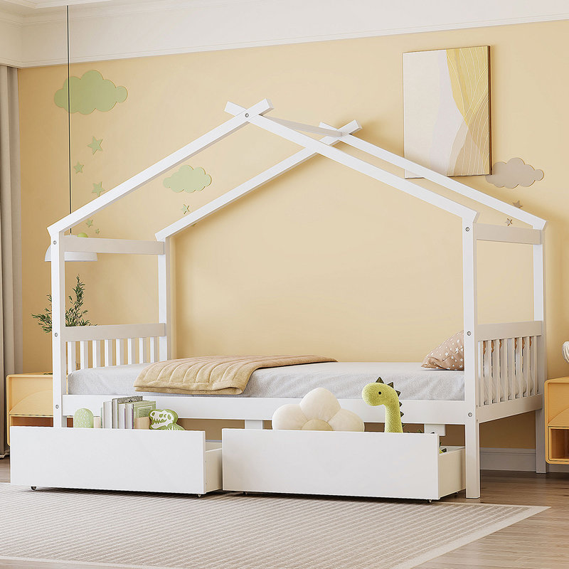  Lit maison avec tiroirs, Simple, Blanc