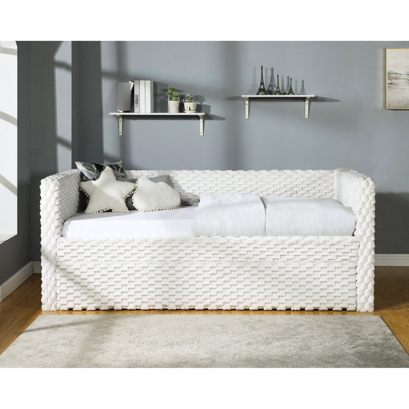 Modern Daybed With Pull-out Trundle, Soft White Textured Upholstery, Strong Solid Wood Frame Contemporary Armrest And Fabric, Material