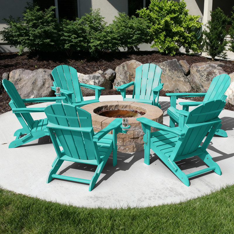 Set Of 6 Folding Adirondack Chairs, Firepit Chairs, Cup Holder, All-Weather HDPE, Lake Blue