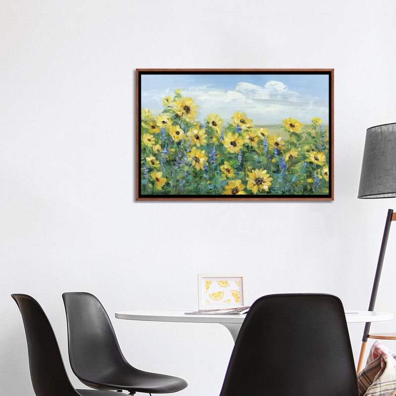 «Sunflower Fields Forever» par Sally Swatland - reproduction d'art, H 26 po x l 40 po x 1,5 po, Classic Wood Framed
