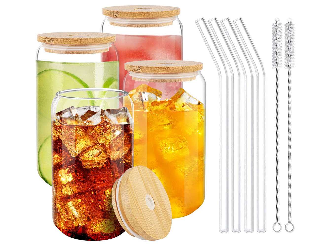 4pcs, 16 oz Beer Can Shaped Glass Cups with Bamboo Lids and Glass Straws -  Perfect for Smoothies, Boba Tea, Whiskey, Water, and More - Ideal Gift