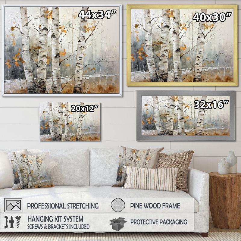 Beauté de bouleau beige et gris sur toile, H 16 po x l 32 po x P 1 po, Cadre flottant blanc