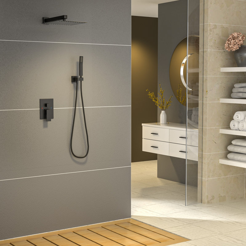 Pressure-Balanced Complete Shower System with 10 Inch Rain Shower Head and Rough-In Valve, Matte Black