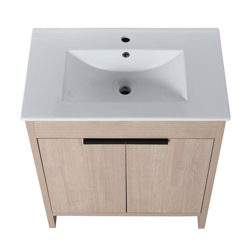 Meuble-lavabo autoportant de 30 pouces avec lavabo en céramique blanche et 2 portes d'armoire à fermeture en douceur
