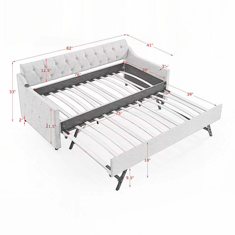 Upholstery DayBed with Twin Size Erectable Trundle and USB Charging Design, Gray 