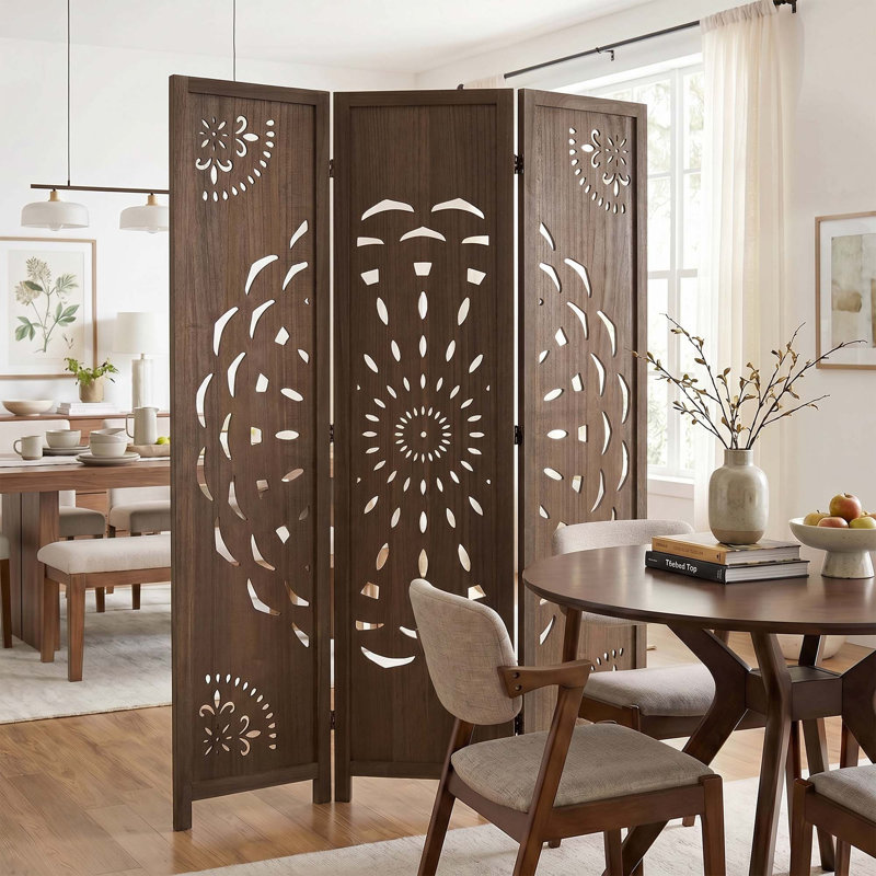 Paravent 6 panneaux pliant avec motif pivoine, finition bois clair, 3, Brun