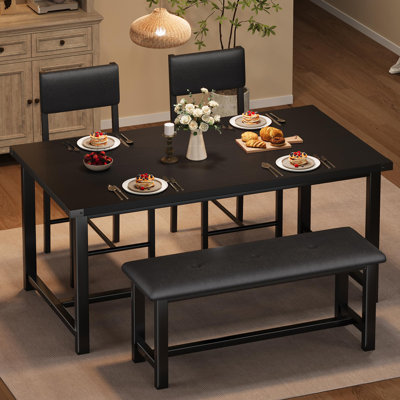 Wooden Dining Table Set for 4 Kitchen Table and 2 Upholstered Chairs with Bench Rectangular Dining Room Set for Small Space Apartment Home Easy Assembly Retro Black