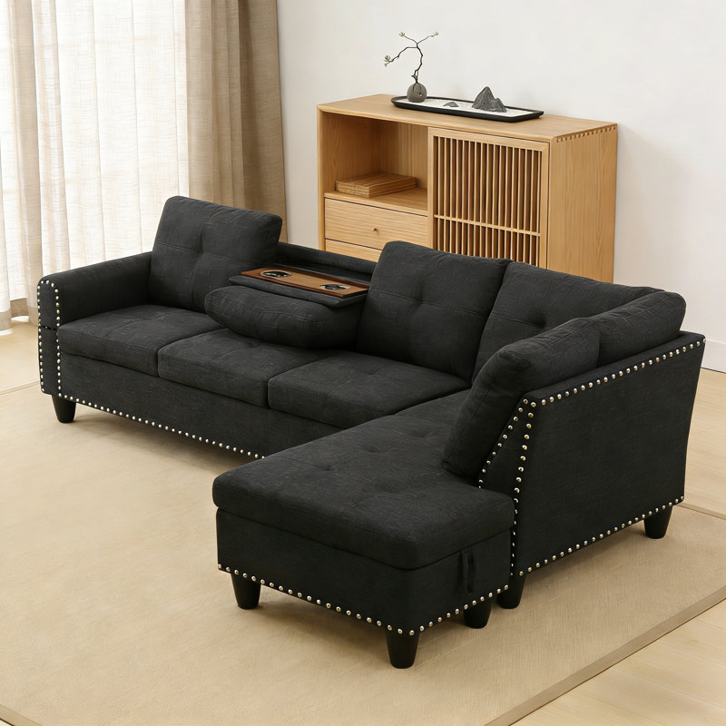 Ensemble de canapé en forme de L 3 pièces avec table rabattable et repose-pieds de rangement, disponible en tissu ou similicuir