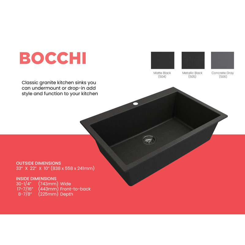 Campino 33'' L Single Bowl Granite Kitchen Sink, Metallic Black