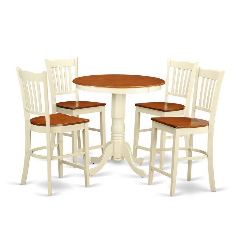 5 Piece Kitchen Counter Height Dining Table Set Includes a Round Wooden Table with Pedestal and 4 Dining Chairs, Buttermilk & Cherry