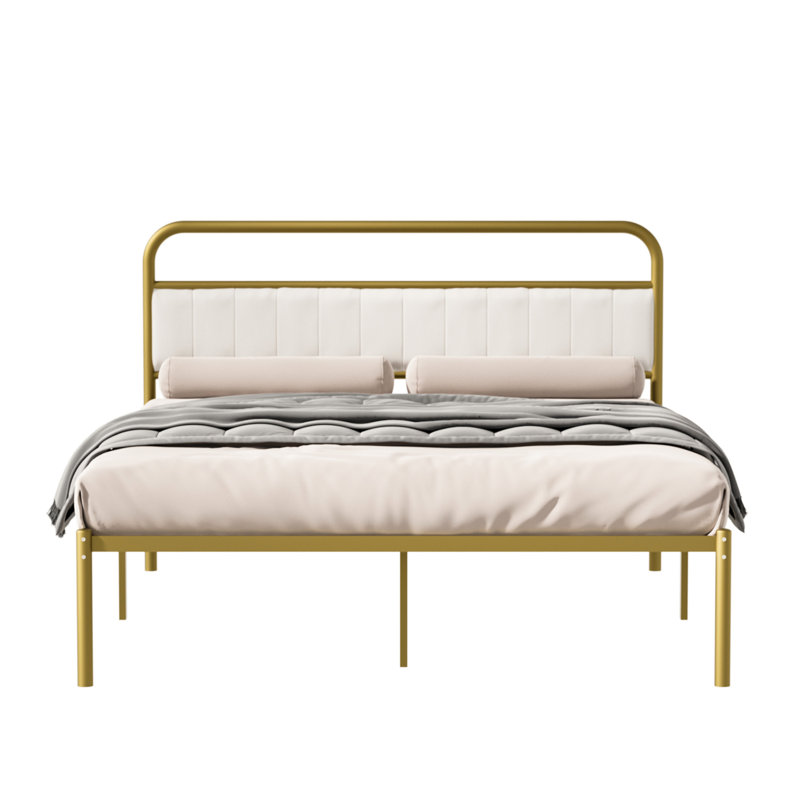 Structure de lit en métal et acier avec tête de lit tapissier moderne (grand) - beige et doré